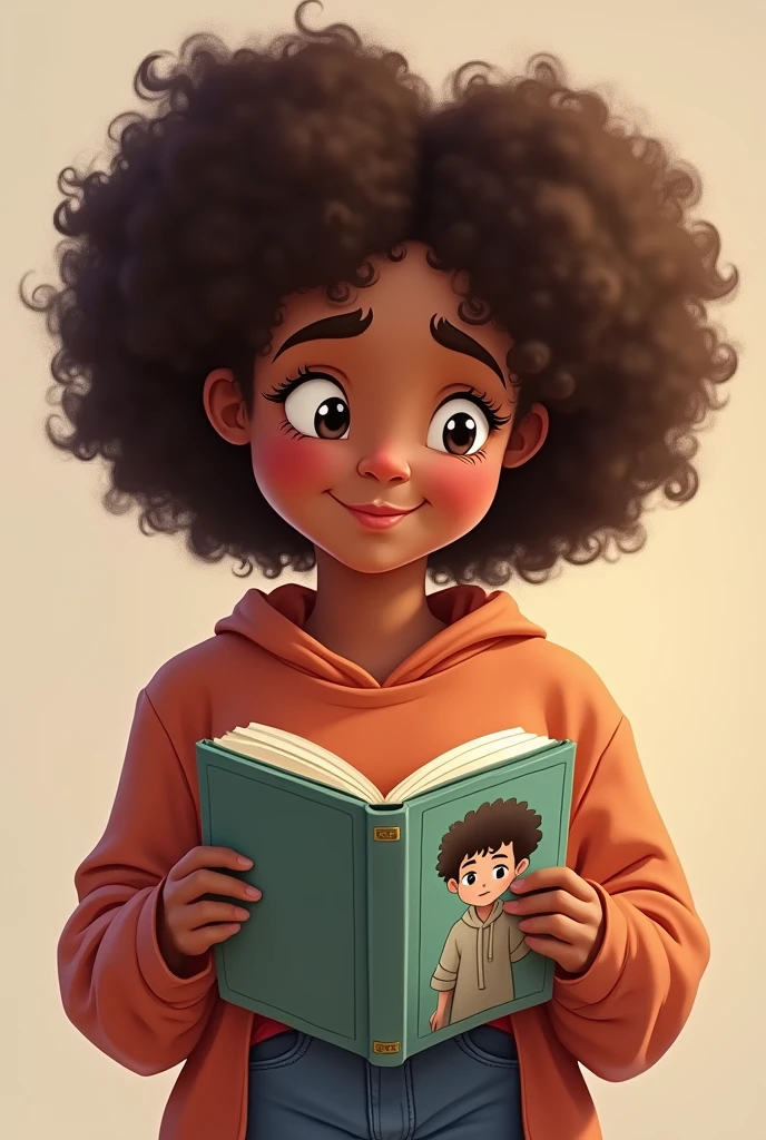 I want a profile icon for a page. I want the torso of a brunette teenage girl, chubby girl, chubby girl con una sonrisa, with a curly afro, and in his hands he holds an open book with on the cover a blond boy with blue eyes and a sad face and a title that says Adam Wels.
