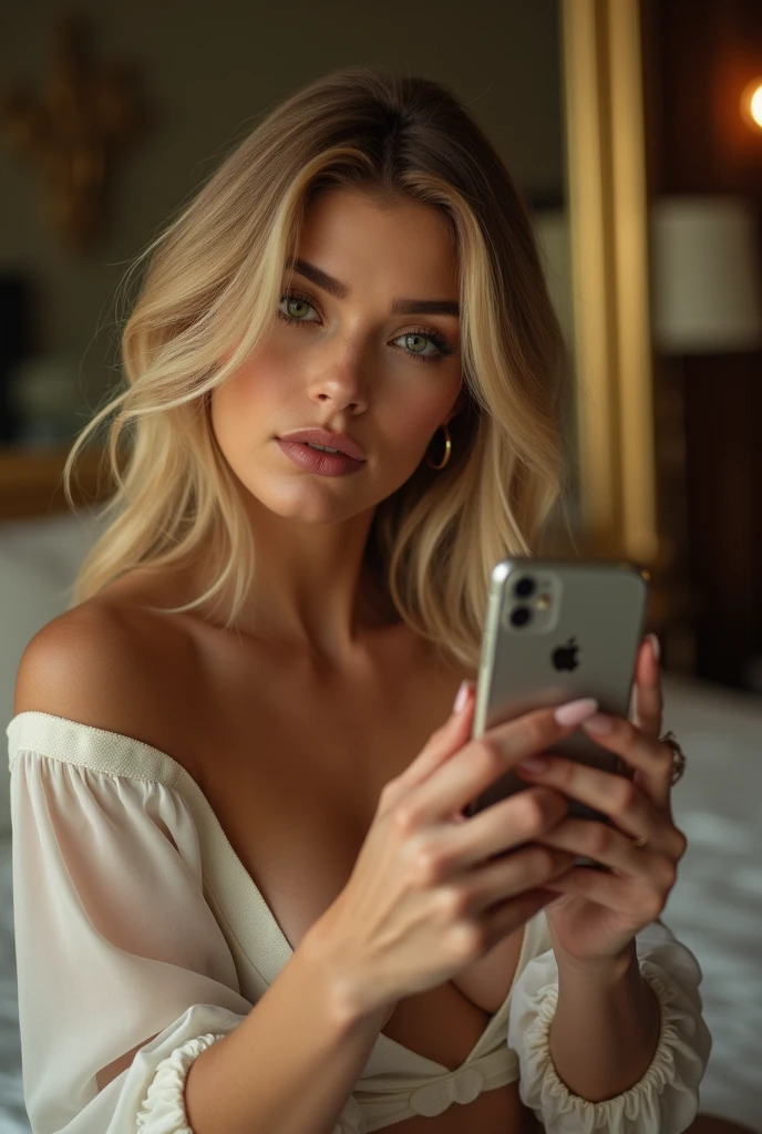 (best qualityer))), highly detailed, high resolution. Mulher de 25 aphis, blondie hair, clear green eyes, fleshy lips, heavy make-up, phi ((phi quarto de hotel)) in front of the mirror taking a photo, in a very detailed sexy blouse, front view holding iPhone pro Max 15 detail apple symbol on cover