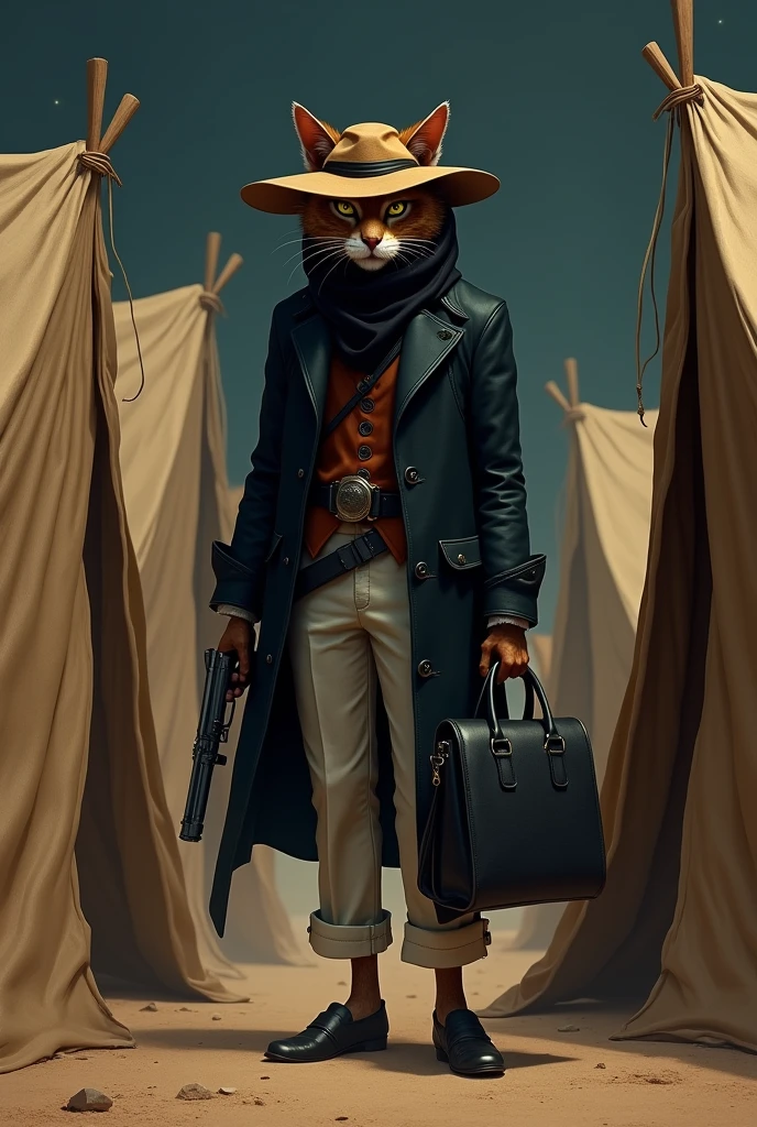 A human body cat as desert theives wearing a black jacket and a brown hat with white pant and a gun in hand, hiding behind the tents in desert in night with black big hand bag in his hand