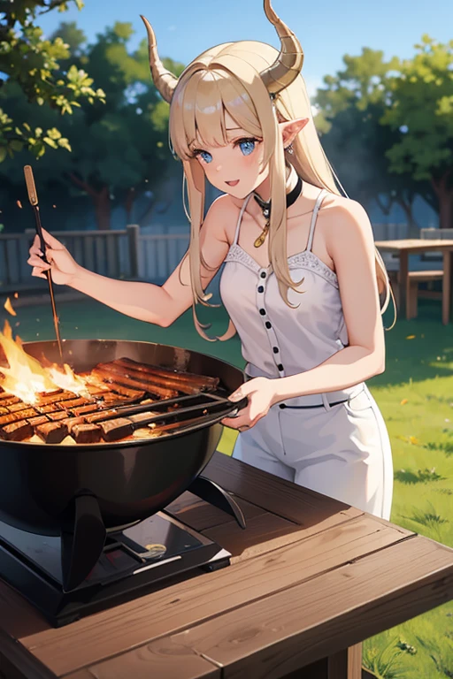 Beautiful young, by white, Capricorn horns, making a barbecue