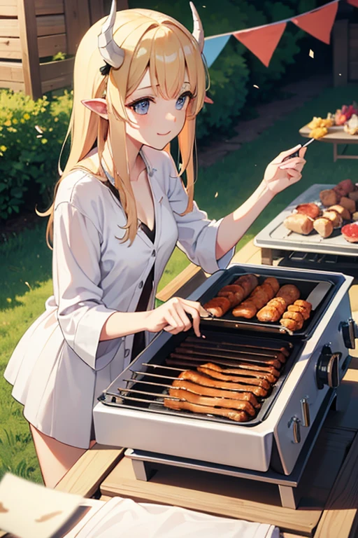Beautiful young, by white, Capricorn horns, making a barbecue