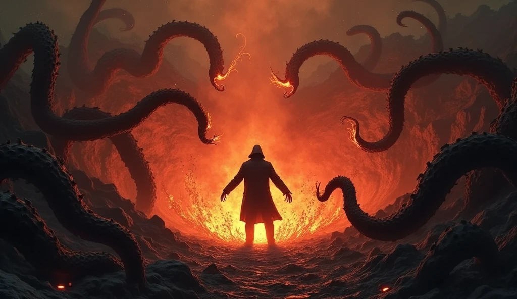 The silhouette of a man being dragged by shadowy, sinister tentacles towards a fiery pit in the ground, resembling hell. scary and horror scene.