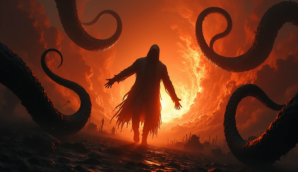 The silhouette of a man being dragged by shadowy, sinister tentacles towards a fiery pit in the ground, resembling hell. scary and horror scene.