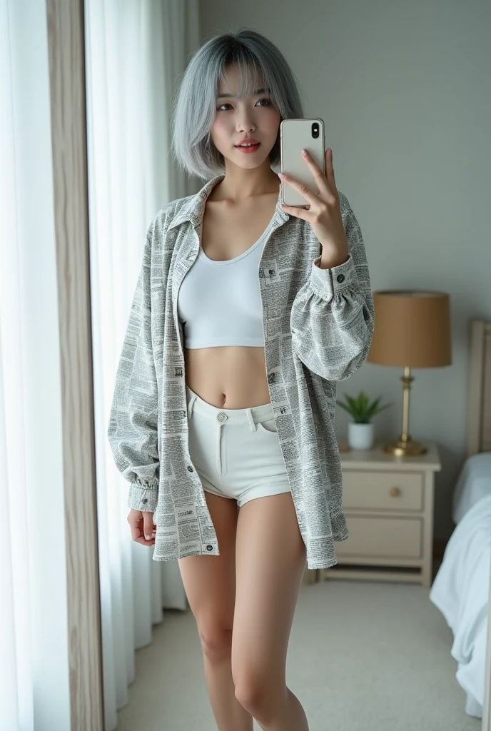 highly detailed, beautiful, hyper Realistic girl, masterpiece, best quality, Japanese fashion model, 28-years-old, identity hidden, all body shot, takes a selfie in her room using a smartphone in front of a mirror with one hand, Hold the bottom of your shirt with one hand、fashion model Posing, looking away from the camera, /// gray short hair, light color eyes, Realistic skin, Detailed face, /// Design a futuristic fashion ensemble centered on white, (wearing a All News Paper Print Big soft Shirt, Shorts are hidden in a big and log sleeveshirt, Knee length). Complete the look with white ankle boots that have a metallic finish and a translucent, The overall vibe should exude a sleek, forward-thinking style that seamlessly blends modern minimalism with a touch of the future, /// Monotone simple modern taste single room, mirror, complicated background,