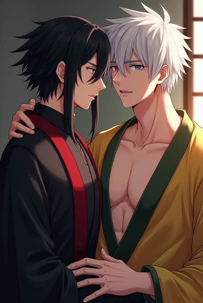 Serious 21 year old man long black spiky hair wearing a black uniform and a kimono on the left side is red and on the right is yellow and green deep blue eyes sucking the penis of a 21 year old man white hair tall muscular and with personality stressed shirtless