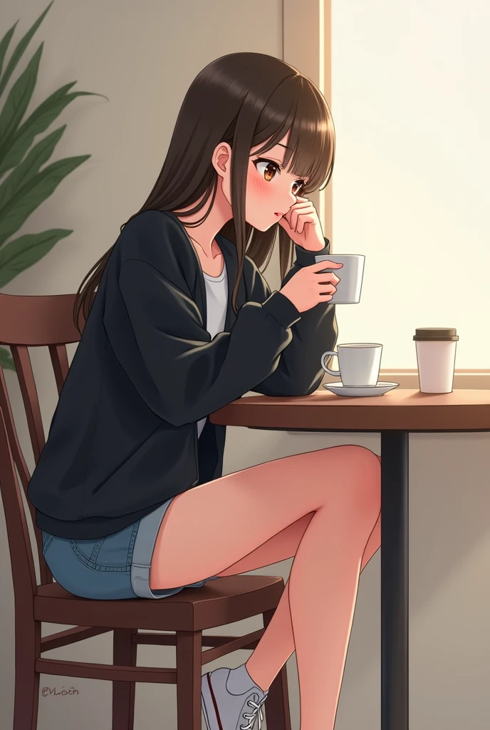 A girl, alone, For coffee, Very long hair, straight, loose, must be thin, light skinned, Brown eyes, bright, His outfit was a black jacket with baggy denim shorts and converse., Long hair, blush, pretty eyes, pink lips, 2d, anime style, HD