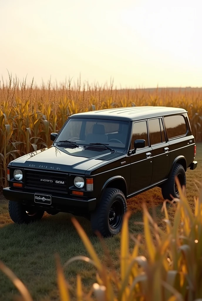 Nissan patrol short box year 1986 in metallic black without the rear dome in a corn field