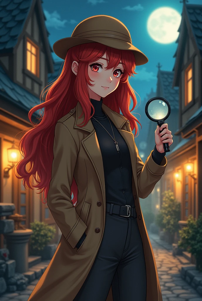 anime girl character, dressed in detective clothes, long red hair, relaxed pose, with a magnifying glass in hand, in the background a village, at night, Realistic and intricate details, warm colors,