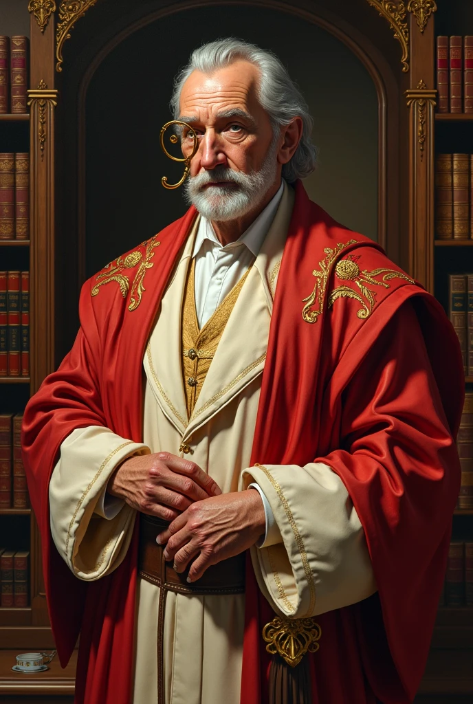 Fantasy comicbook art, medium shot, an older man with prominent muttonchop sideburns in fancy pale red and crème colored medieval robes stands in a fancy study. He has no beard and wears a monocle. Warm low-contrast colors, soft brushstrokes, rich textures. Elegant leather-bound books, ornate wood paneling, and golden accents. Dim natural light, gentle shadows. A masterpiece, 8k resolution, incredibly detailed, Rembrandt-inspired chiaroscuro, DAz-inspired medieval fantasy costumes. Oil painting-inspired texture, traditional comicbook colors, medieval illustrations, classic fine art.