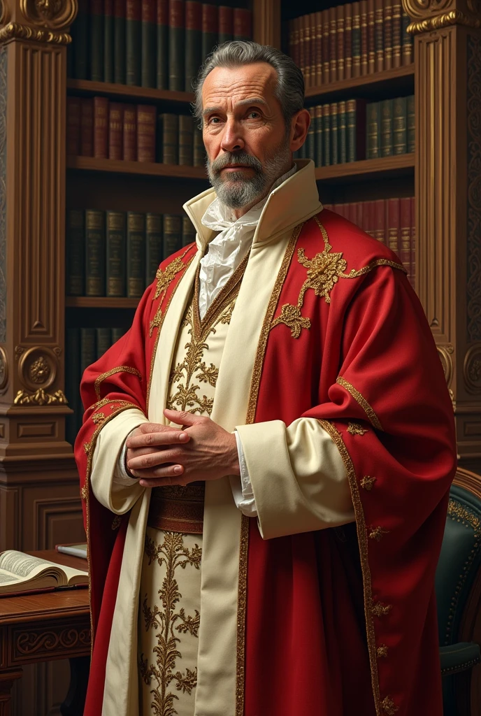 Fantasy comicbook art, medium shot, an older man with prominent muttonchop sideburns in fancy pale red and crème colored medieval robes stands in a fancy study. He has no beard and wears a monocle. Warm low-contrast colors, soft brushstrokes, rich textures. Elegant leather-bound books, ornate wood paneling, and golden accents. Dim natural light, gentle shadows. A masterpiece, 8k resolution, incredibly detailed, Rembrandt-inspired chiaroscuro, DAz-inspired medieval fantasy costumes. Oil painting-inspired texture, traditional comicbook colors, medieval illustrations, classic fine art.