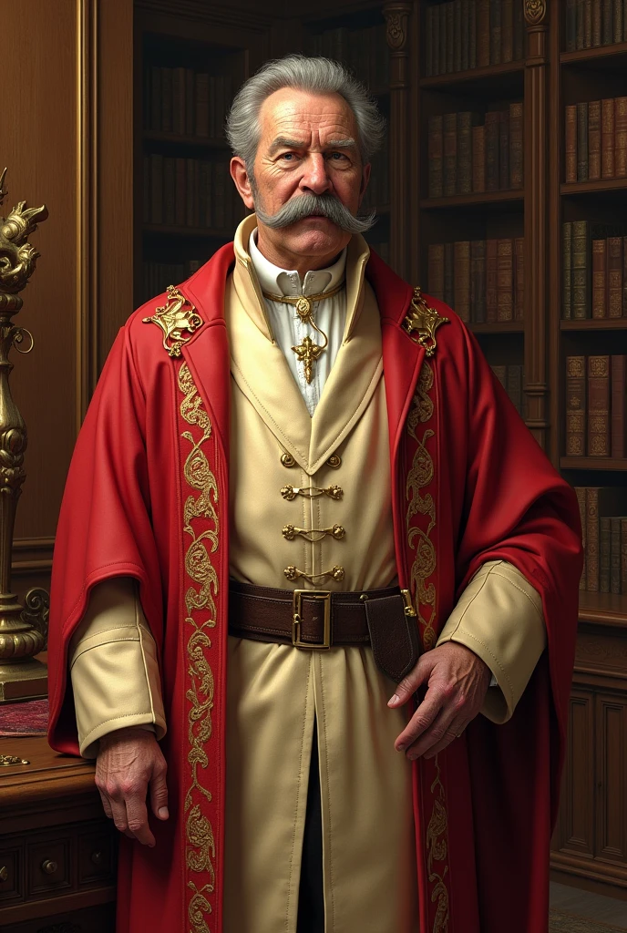 Fantasy comicbook art, medium shot, an older man with prominent muttonchop sideburns in fancy pale red and crème colored medieval robes stands in a fancy study. He has no beard and wears a monocle. Warm low-contrast colors, soft brushstrokes, rich textures. Elegant leather-bound books, ornate wood paneling, and golden accents. Dim natural light, gentle shadows. A masterpiece, 8k resolution, incredibly detailed, Rembrandt-inspired chiaroscuro, DAz-inspired medieval fantasy costumes. Oil painting-inspired texture, traditional comicbook colors, medieval illustrations, classic fine art.