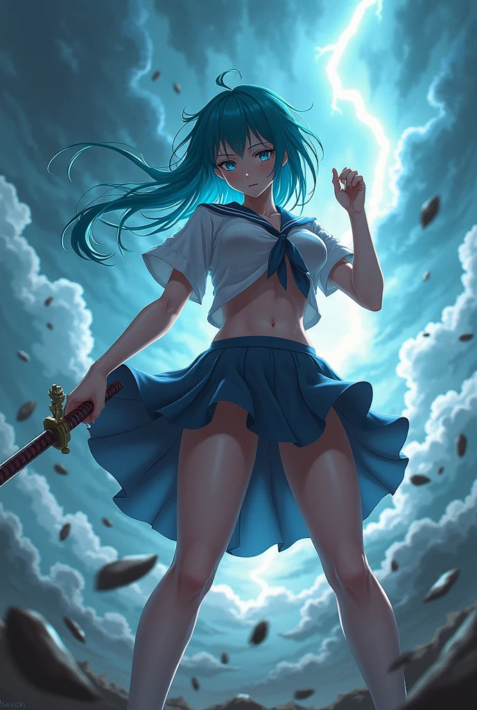 anime, adult woman, (((japanese schoolgirl uniform))), low-cut, (((skirt lifted by a draft revealing panties))), swirl of air all around her, sword in one hand, storm decor, fighting pose, cyan hair, camera angle low angle view from below, Correct anatomy, 5 fingered hands