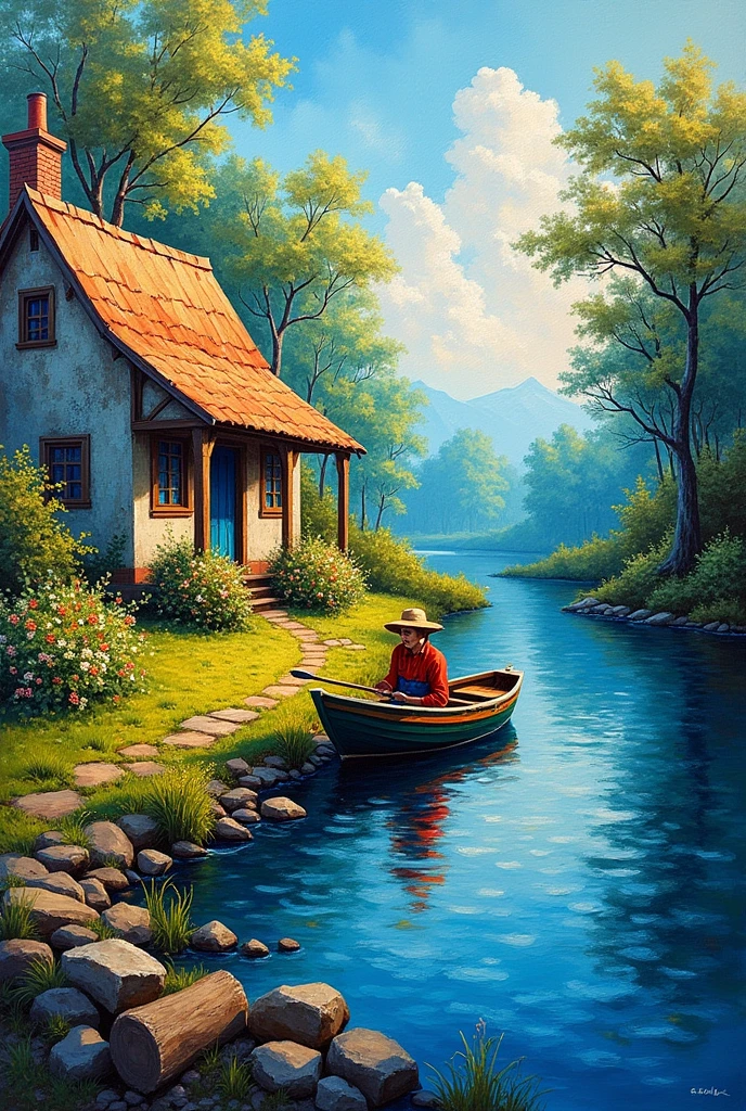 an oil painting of A life by the riverbank ,rustic cottage , boat ,the farmer fishing on the boat . colourful dark blue ,Sunlight vibes and endless creativity , thick brush strokes , palette knife by robert hagan vibrant color