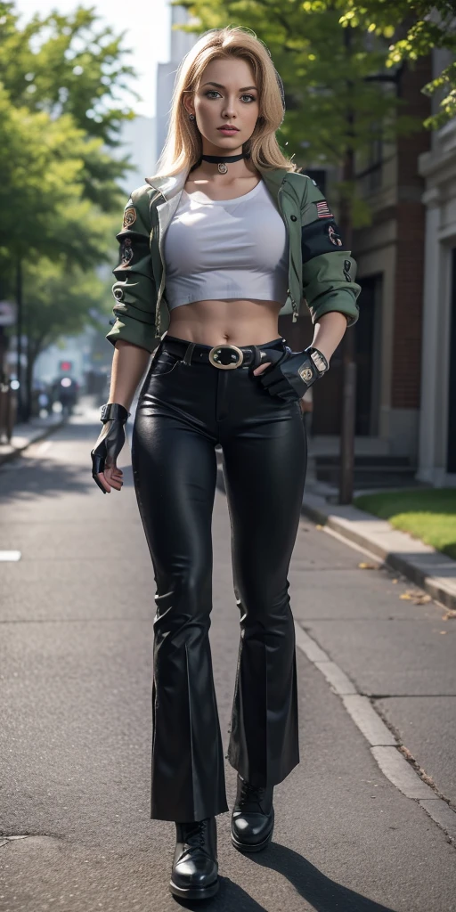 8k, masterpiece, best quality, ultra-detailed, sonyablade, 1girl, solo, long hair, blonde hair, cute blue eyes, breasts, choker, crop top, cropped green jacket, black fingerless gloves, full body, highleg panties, jacket, combat boots, lipstick, makeup, (abs:0.3), midriff, navel, black pants(Wide flares on pants:1.2),
