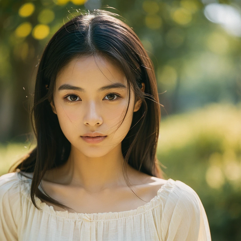 A hyper-realistic image of a single Japanese woman in her early 20s, captured with the nostalgic warmth and subtle graininess of a film camera. Her skin has a warm beige tone with a natural, slightly rough texture that includes visible pores, fine lines, and subtle imperfections such as small blemishes, adding to the authenticity of her appearance. The soft, diffused natural light enhances the film-like quality, casting gentle shadows that create a timeless, organic feel. Her straight, glossy black hair frames her face in a natural, slightly tousled manner, and her deep brown eyes reflect the ambient light, adding depth and emotion. The film camera effect introduces a slight grain and a softer focus, giving the image a warm, nostalgic atmosphere while maintaining the realistic texture of her skin. She is dressed simply, in a way that complements her natural beauty, with the overall composition designed to evoke a sense of genuine, understated elegance. The use of natural light, combined with the deliberately rougher texture of her skin and the film-like qualities, ensures that this image captures the imperfections that make her beauty truly lifelike, focusing solely on this one individual.