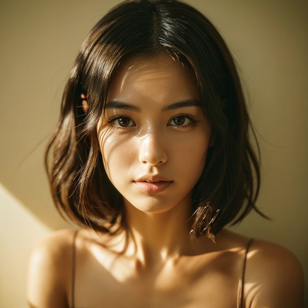 A hyper-realistic image of a single Japanese woman in her early 20s, captured with the nostalgic warmth and subtle graininess of a film camera. Her skin has a warm beige tone with a natural, slightly rough texture that includes visible pores, fine lines, and subtle imperfections such as small blemishes, adding to the authenticity of her appearance. The soft, diffused natural light enhances the film-like quality, casting gentle shadows that create a timeless, organic feel. Her straight, glossy black hair frames her face in a natural, slightly tousled manner, and her deep brown eyes reflect the ambient light, adding depth and emotion. The film camera effect introduces a slight grain and a softer focus, giving the image a warm, nostalgic atmosphere while maintaining the realistic texture of her skin. She is dressed simply, in a way that complements her natural beauty, with the overall composition designed to evoke a sense of genuine, understated elegance. The use of natural light, combined with the deliberately rougher texture of her skin and the film-like qualities, ensures that this image captures the imperfections that make her beauty truly lifelike, focusing solely on this one individual.