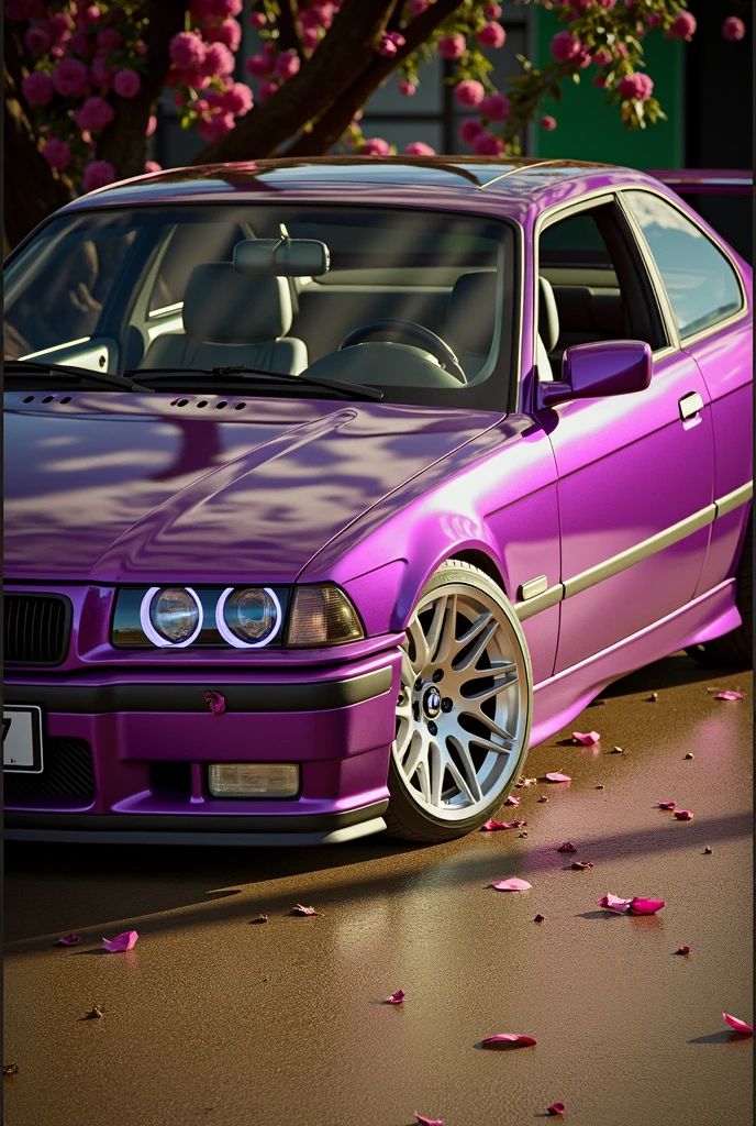 Create an image of a 1998 bmw e36 m3 coupe in purple, with square airfoil, with silver snow tires, covered in purple rose petals and with purple tree