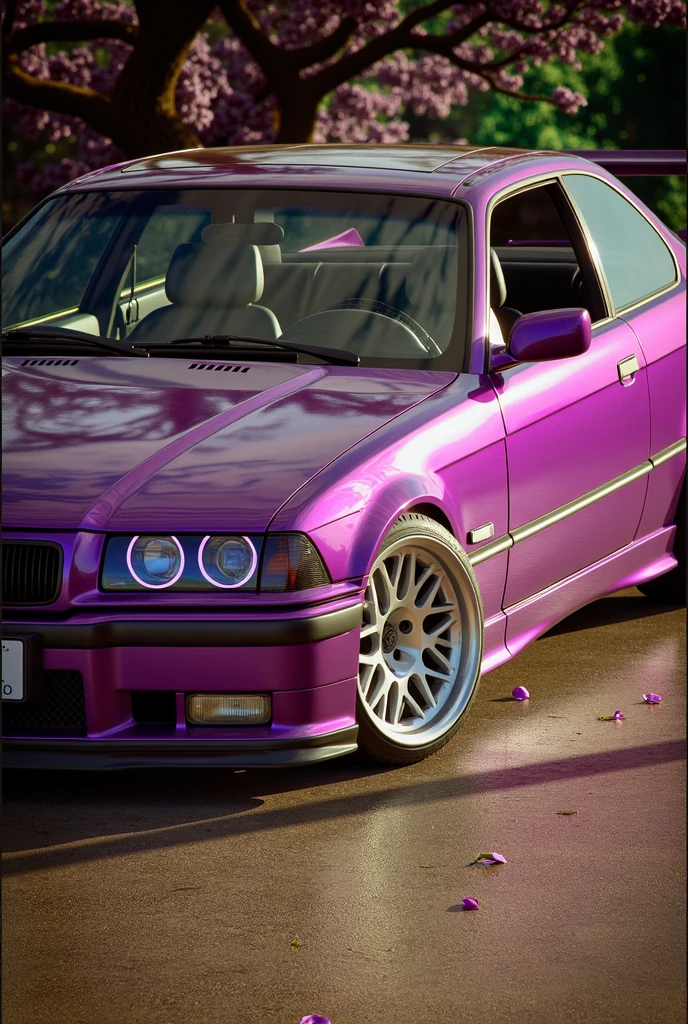 Create an image of a 1998 bmw e36 m3 coupe in purple, with square airfoil, with silver snow tires, covered in purple rose petals and with purple tree 