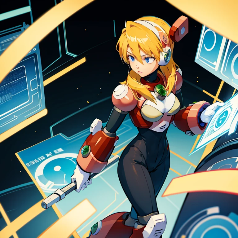 alia_megamanx, blurred dark background, 1girl, solo, breasts, blue eyes, blonde hair, android, long hair, robot ears, in the style of avian-themed, realistic yet stylized, villagecore, azure, orange and azure, dragoncore, aerial view