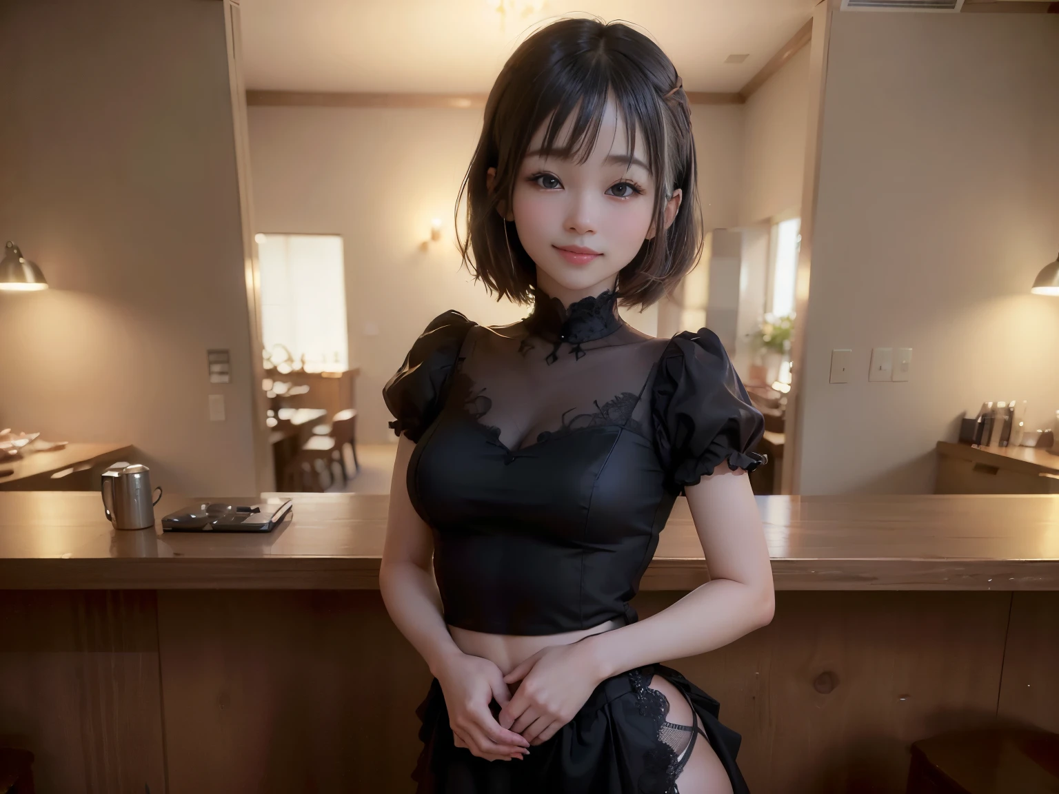 (Highest quality, masterpiece, Ultra-high resolution, 8k, RAW Photos, Realistic, Anatomically correct:1.5), 20-year-old girl:1.2, Embarrassing, avert your eyes, blush:1.0, View Viewer, ((bar)) 、Large windows、Night view、 Light:1.2, Bokeh, Cinema Lighting:1.0, Depth of written boundary, sharp、 Cute Face、Idol、(Black short sleeve lace top)、(Black tulle skirt)、”(dwarf)”、(Full Body Shot)、(Side angle)、Cowboy Shot、( smile)、((Ultra short hair、Berry Short))、(Straight bangs)、((See-through))、(( One woman))、Waist、(I can see your thighs)、look back、I can see your belly button、