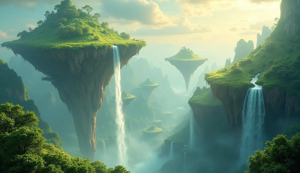 A magical and green land
In the background, you see lands floating in the air
3D style