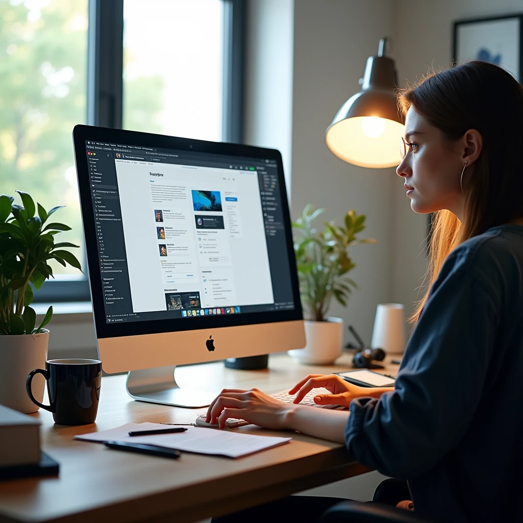 A realistic scene depicting a modern workspace featuring a sleek computer setup. The desk is equipped with a high-resolution monitor displaying a visually appealing website design in progress. Various design tools and coding software are open on the screen. Surrounding the computer are creative elements like a notebook, colorful pens, and a coffee mug, creating an inviting and productive atmosphere. The background includes a bright window with natural light illuminating the space, enhancing the focus on the creative process of website development.