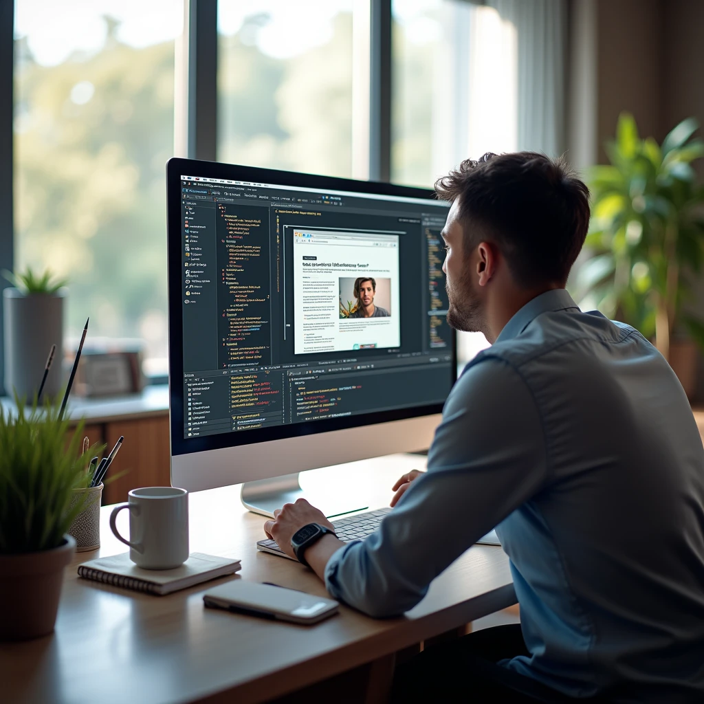 A realistic scene depicting a modern workspace featuring a sleek computer setup. The desk is equipped with a high-resolution monitor displaying a visually appealing website design in progress. Various design tools and coding software are open on the screen. Surrounding the computer are creative elements like a notebook, colorful pens, and a coffee mug, creating an inviting and productive atmosphere. The background includes a bright window with natural light illuminating the space, enhancing the focus on the creative process of website development.