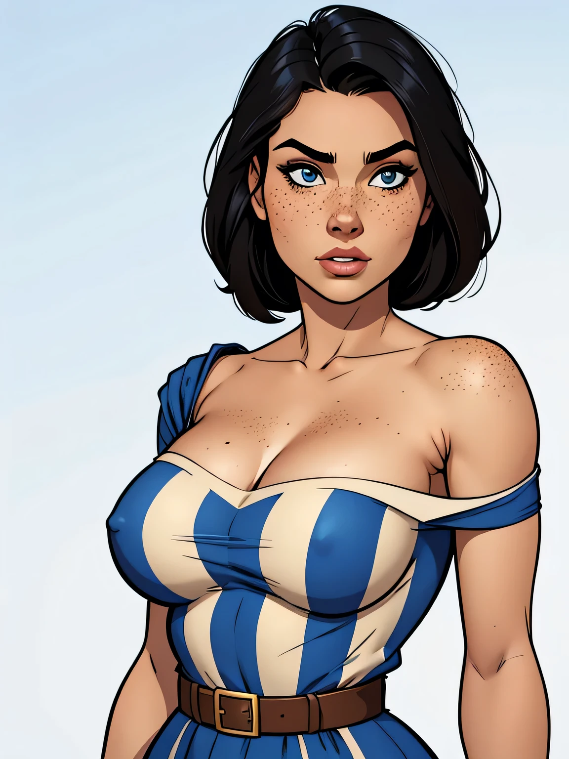 Thin woman, age 25, 4K (High definition), thoughtful, seducing gaze, eyes browns, wearing a beige dress (blue stripes) with a boat neck and short sleeves, arms positioned at the side of the body, Caucasian skin, straight black hair down to shoulder length, standing (upper body), full of curves with freckles across her chest and neck, natural round breasts. Marvel style high quality, white background.