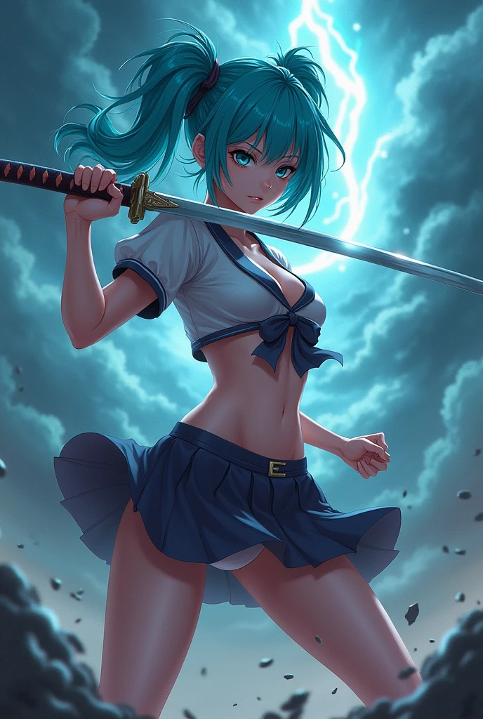anime, adult woman, (((japanese schoolgirl uniform))), low-cut, (((skirt lifted by a draft revealing panties))), swirl of air all around her, sword in one hand, storm decor, fighting pose, cyan hair, camera angle low angle view from below, Correct anatomy, 5 fingered hands