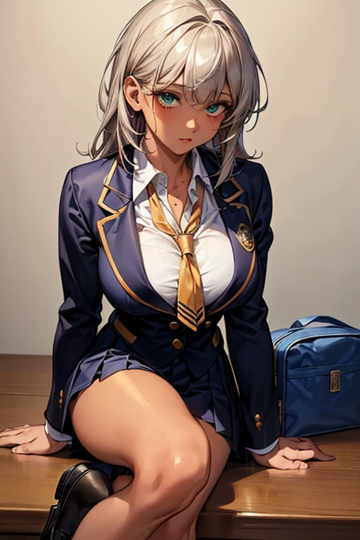 ((Highest quality)),(超High resolution),(Very detailed),(Detailed Description),((The best CG)),(masterpiece),Ultra-detailed art、(Highest quality、8k、32K、masterpiece)、(Realistic)、(Realistic:1.2)、(High resolution)、Very detailed、Very beautiful face and eyes、1 female、((:1.3))、Tight waist、Delicate body、Big Breasts、(Highest quality、Attention to detail、Rich skin detail)、(Highest quality、8k、Oil paints:1.2)、Very detailed、(Realistic、Realistic:1.37)、Bright colors、((Gray Hair、Messy medium length hair:1.3、Emerald green eyes、Big Breasts))、Black gal style woman、(Tan Skin:1.8)、Big eyes with crispness、Matte base makeup、Heavy eye makeup、white highlight、Thick eyeliner、False eyelashes、Colored Contact Lenses、Sexy and edgy、Flashy accessories、Outdoor Background、(custom school uniforms、Cleavage、Short white blouse:1.6、Gold Button、Navy blue pleated mini skirt with white trim:1.3、Knee-length、Navy blue ribbon tie、white ankle socks、Black leather loafers、Navy blue blazer with gold school emblem on breast pocket)、Matching navy blue school bag with gold trim
