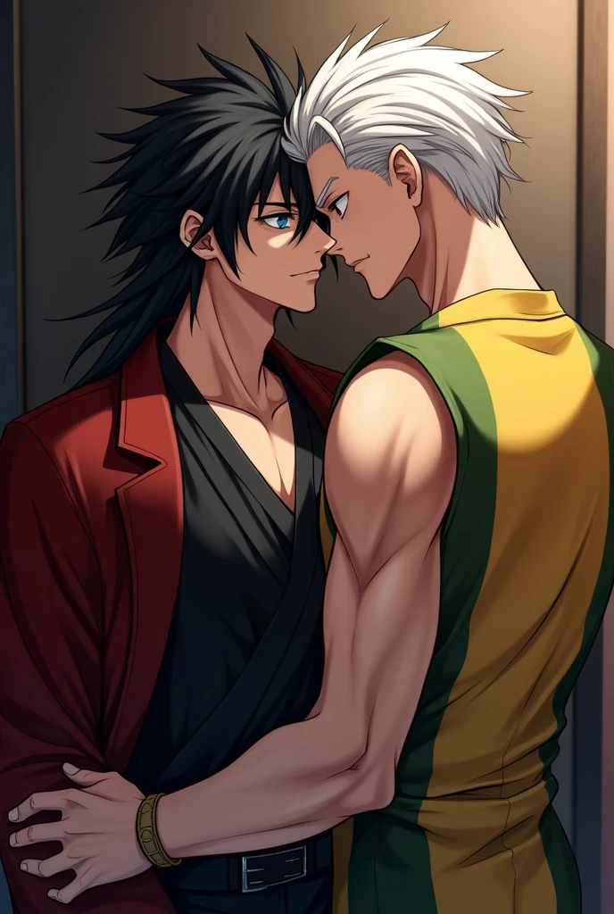 Serious 21 year old man long black spiky hair wearing a black uniform and a kimono on the left side is red and on the right is yellow and green deep blue eyes sucking the penis of a 21 year old man white hair tall muscular and with personality stressed shirtless