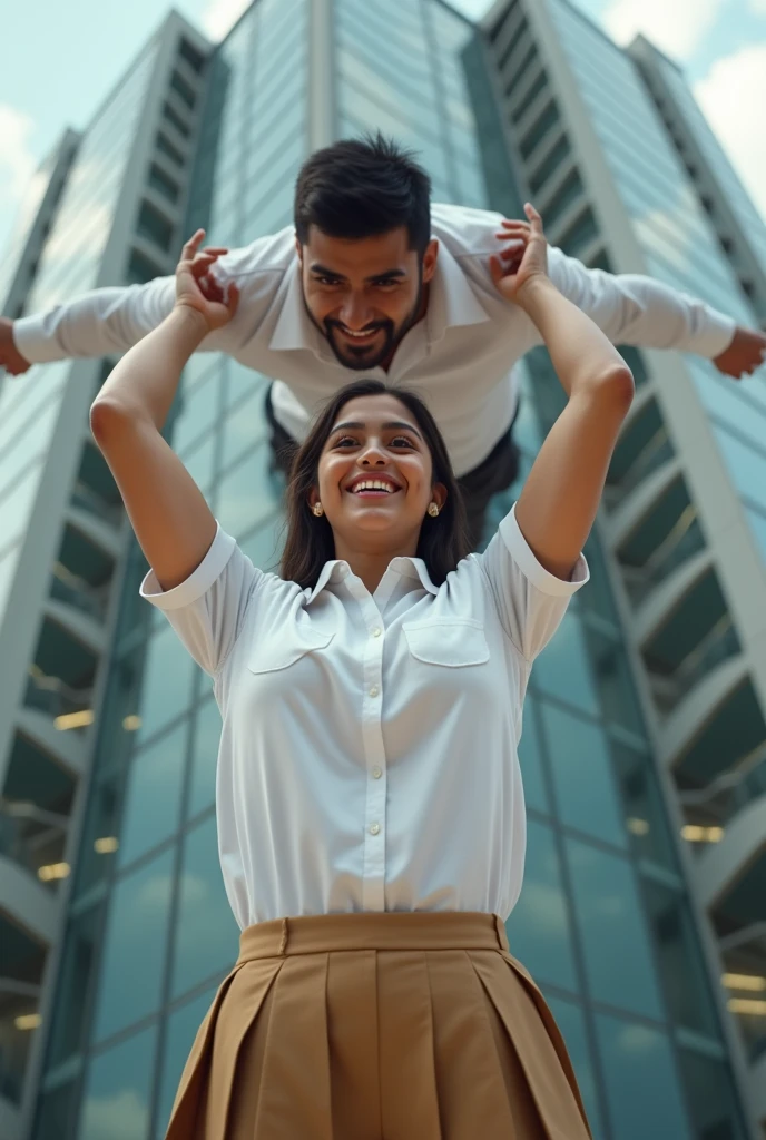 Beautiful Indian teenage college girl in uniform lifting a large chubby man high above her head with her strong arms. Photorealistic. Wide angle. Modern building in the background , natural smile , modern city girl 