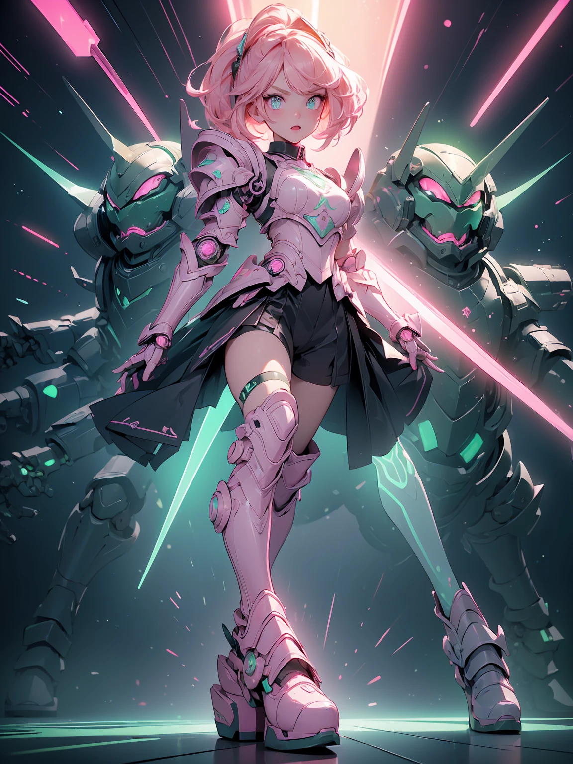 (((Masterpiece, best quality, 16k))) female character with short pink hair and golden eyes. She wears a cybernetic armor in neon green, black, and silver. wields an energy whip. The character has a playful expression, with a neon-lit street as the background. ((full body front view)). ((slender)), (extremely detailed:1.5), (short pink hair:1.2), (golden eyes:1.2), (neon-lit street:1.1), (cybernetic armor:1.3), (energy whip:1.3).