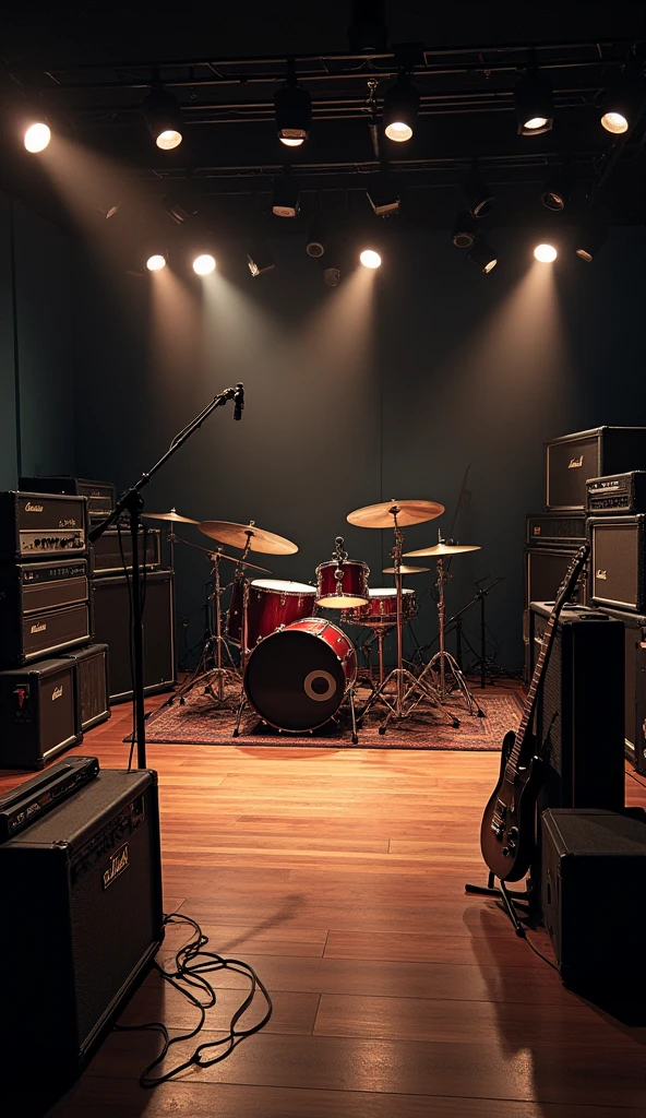 A rehearsal studio filled with guitar amps, Mike stand, drum, Guitar and Bass,Dim lighting,(((Nobody is here)))