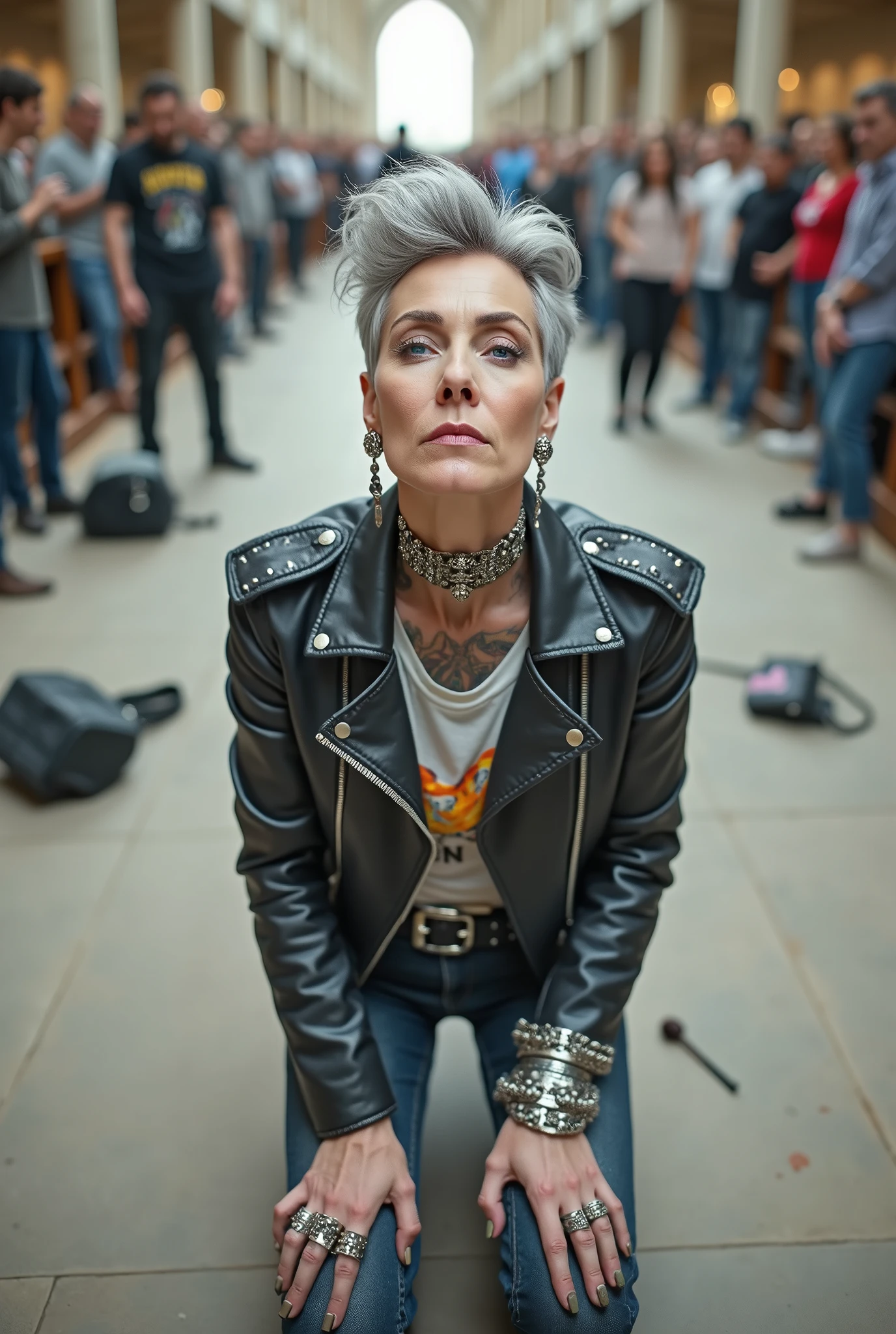 Caucasian woman, grey hair (male high quiff with shaved sides) with very light blue eyes, extremely pale. Wearing cropped black moto jacket (with side zippers and pins), undersized cropped t-shirt with guns and roses logo , dark skinny stone washed blue jeans (with white seams) and pointy silver Chelsea boots with cuban heels . Lots of metallic bracelets and collars. Tacky wide studded leather belt (with oversized skull and bones huge buckle). Long bohemian earrings. Kneeling like in a payer, looking at the camera, humbial expression. Hands on her knees, showing off bracelets and rings. studded black leather tote bag with chains on the floor, next to her.. Listening in amazement to somebody speaking to her with tilted head, well toned abdominals, thin neck, slim legs and thin arms. Tattoed heavily. In a church: a lot of people around outraged. next to her, all her belongings on the floor.