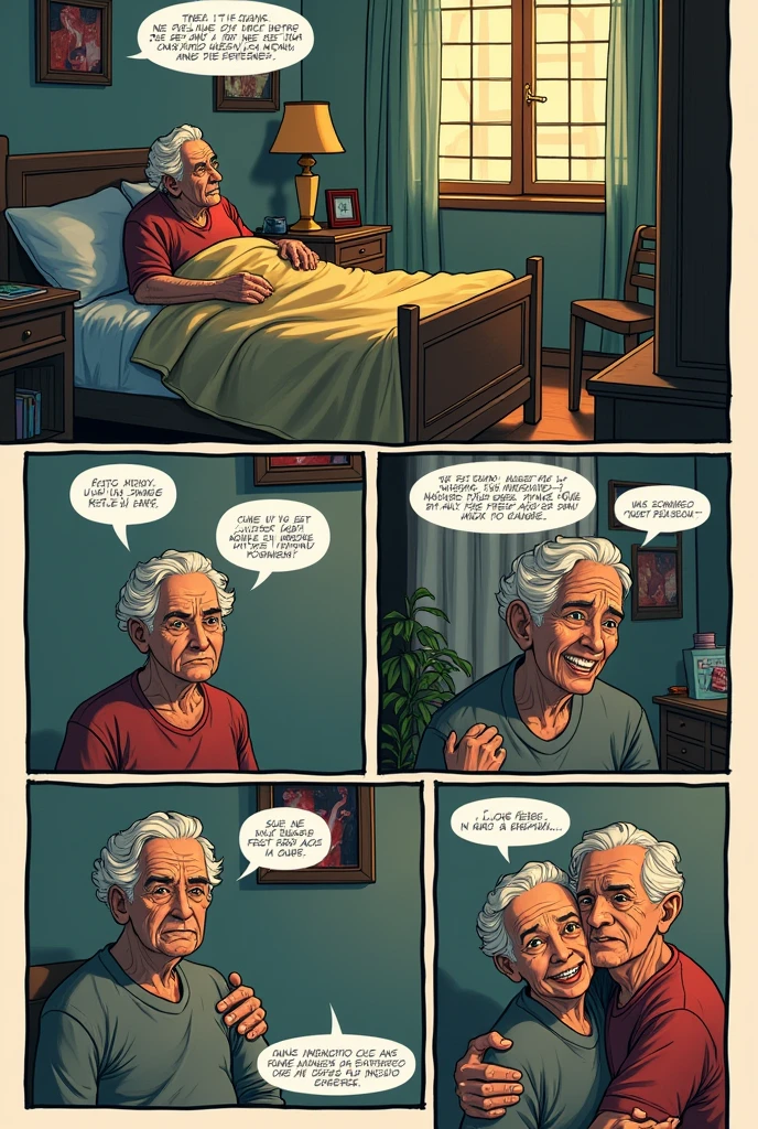 PRODUCE A COMIC BOOK WITH THIS FOLLOWING STORY, IN PORTUGUESE AND STARTING IN A ROOM, elderly characters CHAPTER 1
[Scene - grandparents&#39; room]
First scene Grandmother wakes up scared talking about her dream with her husband.
with an angry and confused expression)
Meanwhile outside... A money changer passes by shouting and selling a strip of beef.
Grandpa runs to buy the whole strip.
Days later...
Grandfather and grandmother hug in celebration.


