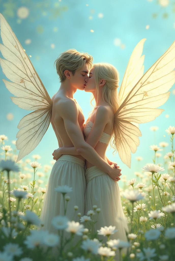 a couple of TWO MEN, they are alves and have fairy wings, They are naked kissing in a field of white flowers, anime styling
