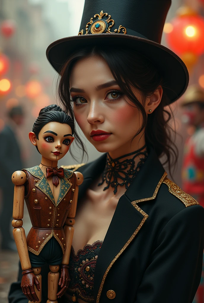 (photorealism:1.2), A portrait of a beautiful magician woman, holding a male wooden stringed puppet doll, with background of clowns and circus