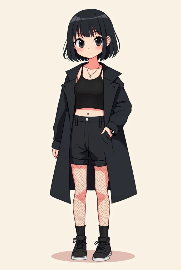 make a cute and minimalist cartoon illustration, of one with short black hair, short bangs, ela usa cropped preto, black apple watch on the arm, wears black coat, wears black shorts and fishnet stockings, make it cute