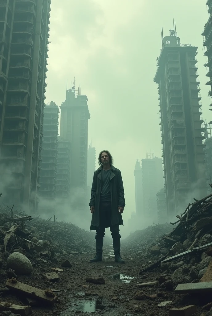 A cover with a person in the middle of a ruined world.