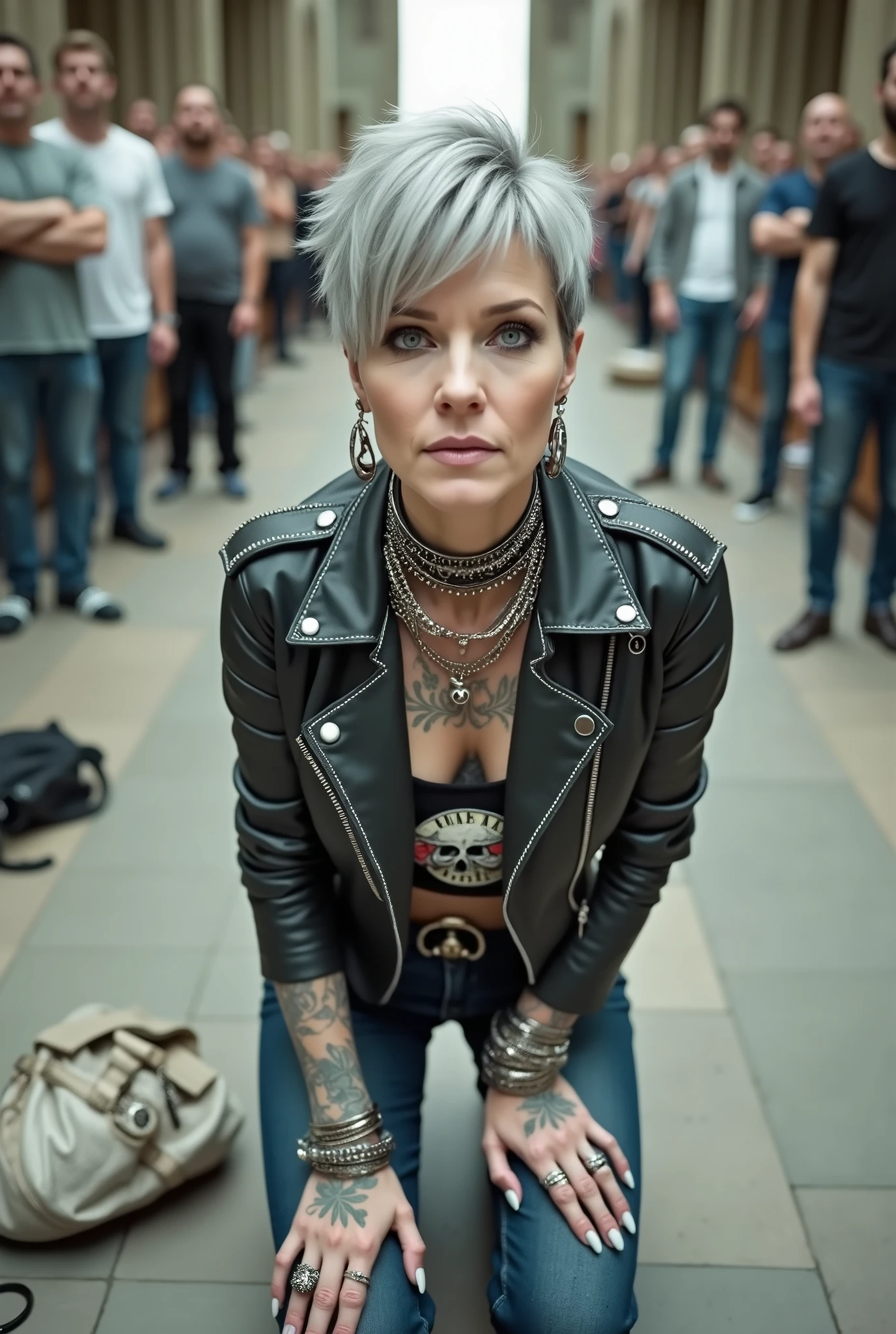 Caucasian milf woman, grey hair (male high quiff with shaved sides) with very light blue eyes, extremely pale. Wearing  cropped black moto jacket (with side zippers and pins), undersized cropped t-shirt with guns and roses logo , dark skinny stone washed blue jeans (with white seams) and pointy silver Chelsea boots with cuban heels . Lots of metallic bracelets and collars. Tacky wide studded leather belt (with oversized skull and bones huge buckle). Long bohemian earrings. Kneeling like in a payer, looking at the camera, humble facial expression. Hands on her knees, showing off bracelets and rings. studded black leather tote bag with chains on the floor, next to her..  Listening in amazement to somebody speaking to her with tilted head, well toned abdominals, thin neck, slim legs and thin arms. Tattoed heavily.  In a church: a lot of people around outraged. next to her, all her belongings on the floor. 