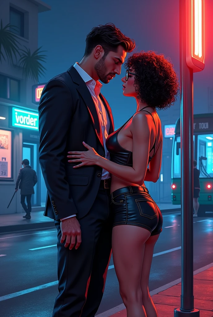 cartoon style more cyberpunk Man and woman in hot erotic scene, are at the bus stop, both dresses, man with a normal body without muscle definition, overweight woman, glasses and short curly hair, in half light, pop art, neo noir, comic