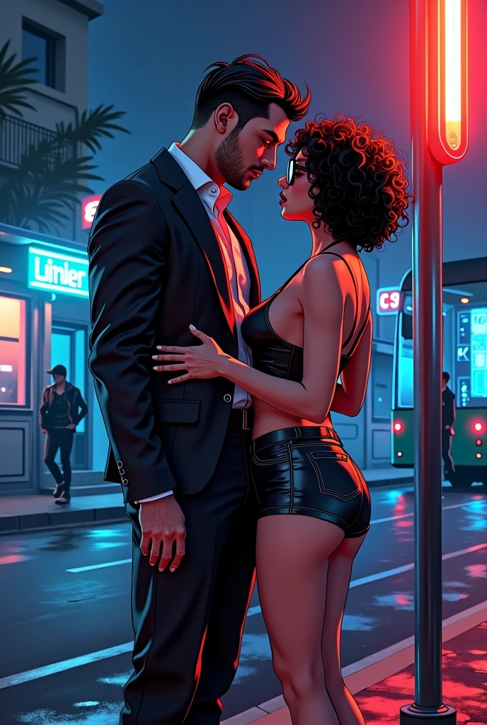 cartoon style more cyberpunk Man and woman in hot erotic scene, are at the bus stop, both dresses, man with a normal body without muscle definition, overweight woman, glasses and short curly hair, in half light, pop art, neo noir, comic