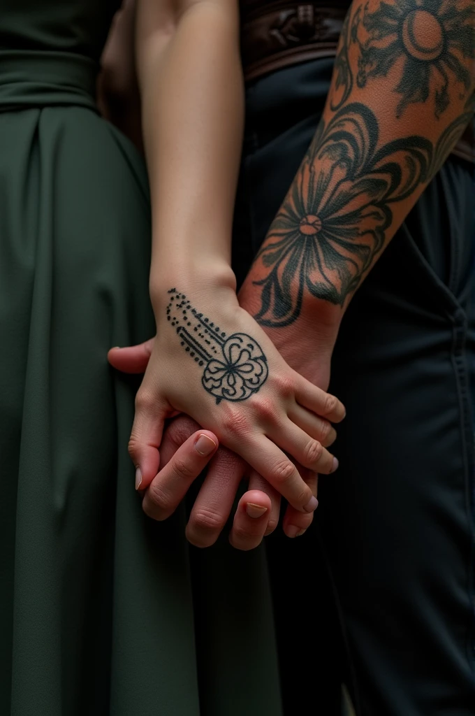 Rhysand hand holding Feyre tattooed hand against the wall (only hands)