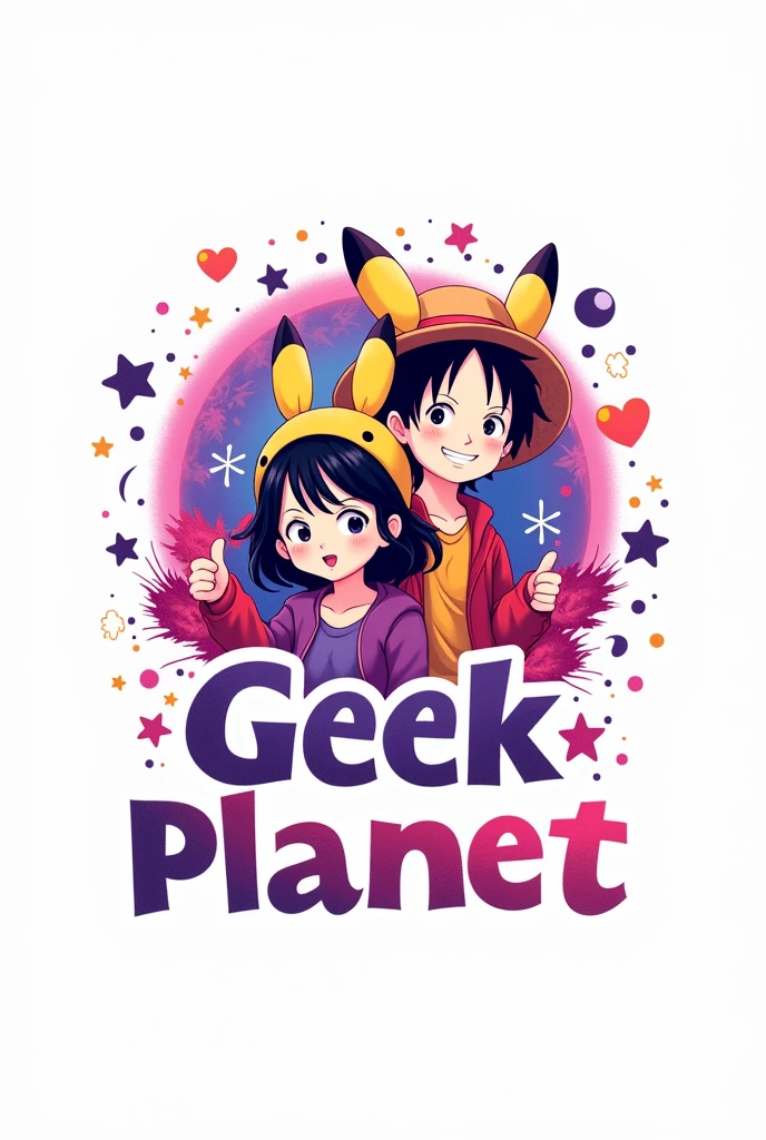 logo con un 🌎 en la parte de hasta atrás combinado con estrella, heart and crescent moon in pink and purple colors, two anime figures the boy with wavy hair and the girl with straight black hair, T-shirts and/or Pikachu ears or with the straw hat (Luffy de one piece) and have the name geek planet in the middle (with vivid colors the whole image) with white background
