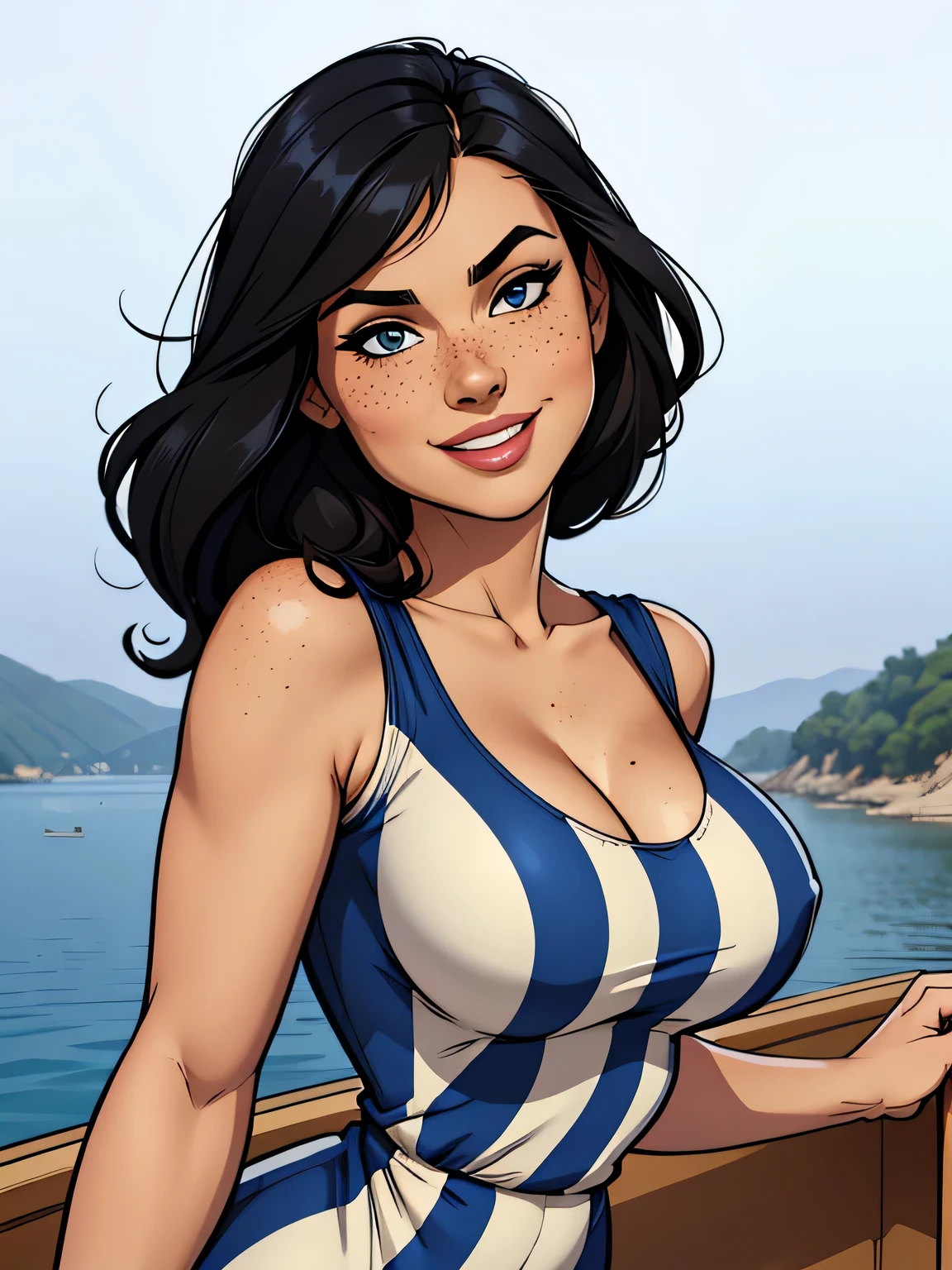 Thin woman, age 25, 4K (High definition), mysterious smile, seducing gaze, eyes browns, wearing a beige dress (blue stripes) with a boat neck and short sleeves, arms positioned at the side of the body, Caucasian skin, straight black hair down to shoulder length, standing (upper body), full of curves with freckles across her chest and neck, natural round breasts. Marvel style high quality, white background.