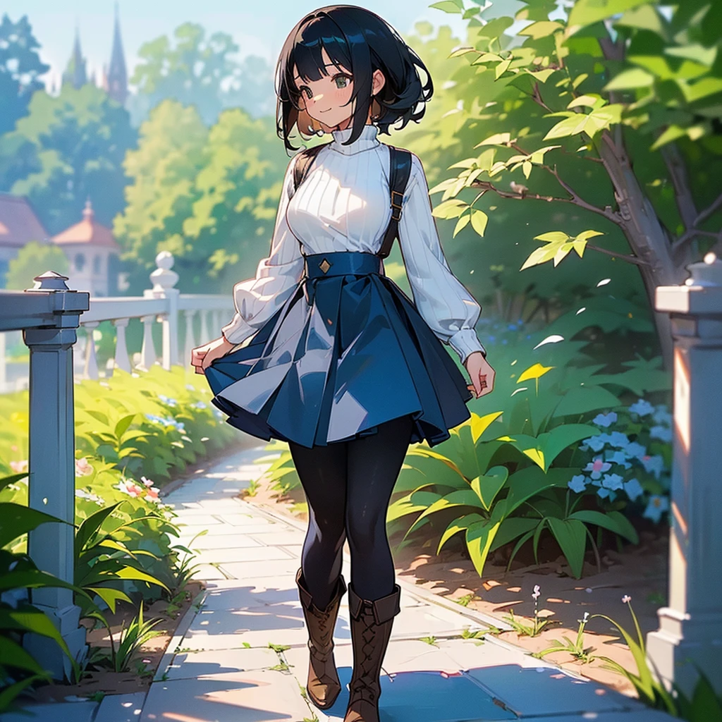(high quality, High resolution, Very detailed, reality:1.37), Peaceful atmosphere, (Outdoor, garden), Teenage girl standing alone, (my breasts are big.), Beautiful details, Cute Smile, (Black bob hair), Ribbed sweater, Blue Skirt, Black tights, Brown boots.