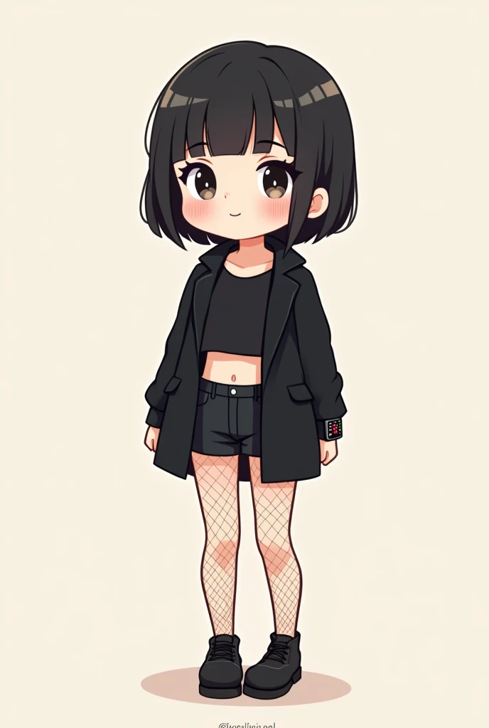 make a cute and minimalist cartoon illustration, of one with short black hair, short bangs, ela usa cropped preto, black apple watch on the arm, wears black coat, wears black shorts and fishnet stockings, make it cute