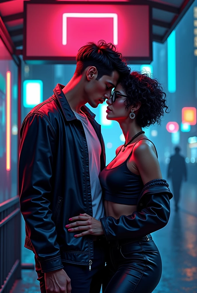 cartoon style more cyberpunk Man and woman in hot erotic scene, are at the bus stop, both dresses, man with a normal body without muscle definition, overweight woman, glasses and short curly hair, in half light, pop art, neo noir, comic