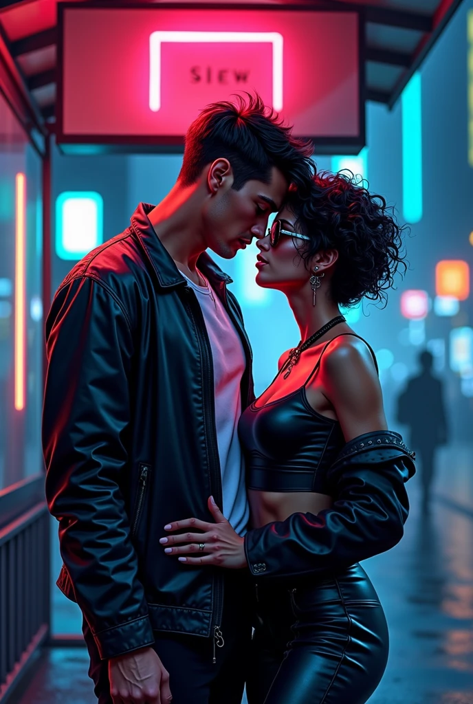 cartoon style more cyberpunk Man and woman in hot erotic scene, are at the bus stop, both dresses, man with a normal body without muscle definition, overweight woman, glasses and short curly hair, in half light, pop art, neo noir, comic